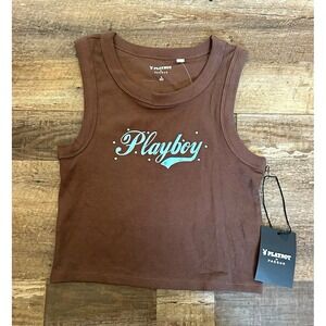Playboy by PacSun Brown Knit Cropped Tank Top Rhinestone Logo Bunny M